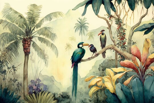 Watercolor painting style, landscape on a tropical forest with trees, palms and branches standing on it, colorful birds and fruits, Generative ai