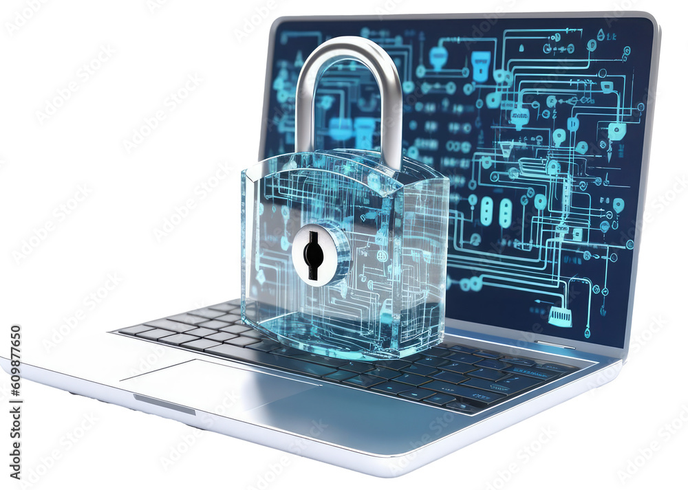 Wall mural digital padlock in front of a laptop computer as concept for cyber security and data protection, iso