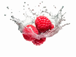 Falling raspberries meets water in a splash, white background. Lots of crystal drops. AI generative illustration.