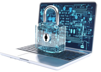 Digital padlock in front of a laptop computer as concept for cyber security and data protection, isolated on a white background, generative AI technology