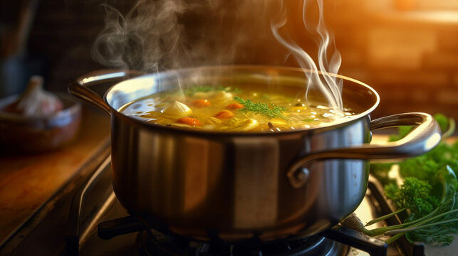 Pot of soup simmering on a stove with vegetables, meat, and herbs | Generative AI