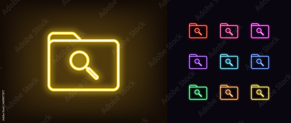 Poster outline neon folder search icon set. glowing neon file folder with magnifier tool, document search i