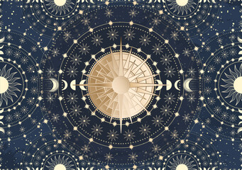 Hand drawn card of golden Sun, Moon, star. Magic celestial night space. Bohemian circle talisman collection, antique style, boho symbol, tarot emblem. Mystical galaxy space, vector sketch illustration