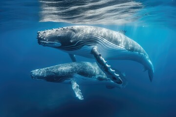 Mother and baby humpback whale plays near the surface in blue water. Humpback whale in pacific sea. Generative ai
