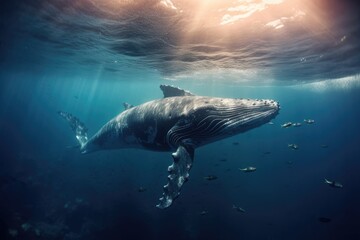 Fototapeta premium Humpback Whale Plays Near the Surface in Blue Water. Humpback whale in pacific sea. Generative ai