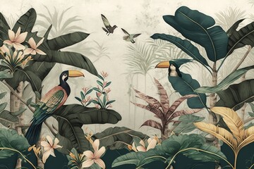 wallpaper palm tropical forest vintage jungle pattern with birds, Generative ai