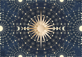 Hand drawn card of golden Sun, Moon, star. Magic celestial night space. Bohemian circle talisman collection, antique style, boho symbol, tarot emblem. Mystical galaxy space, vector sketch illustration