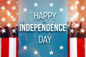 Congratulation Happy Independence day on double exposure background with waving flag of the USA, fireworks and people. Concept of patriotism and national holidays of United States of America