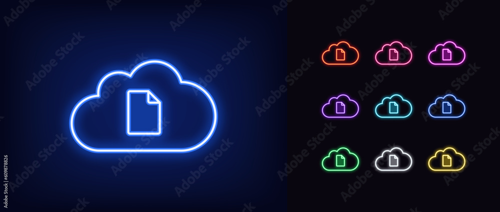 Poster outline neon file cloud icon set. glowing neon cloud with document sign, digital data repository. di