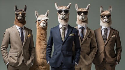 Generative AI, Group of business alpacas or lamas, funny animals. Individuality, independence, think different, creative idea, teamwork and confidence.