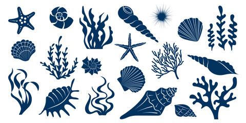 Big collection of underwater elements. Set of blue silhouettes  seashells, seaweeds. Summer marine background with hand drawn shell, algae, starfish, coral - obrazy, fototapety, plakaty