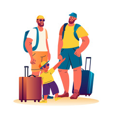 male parents gay family with son and baggage standing together summer vacation holiday time to travel
