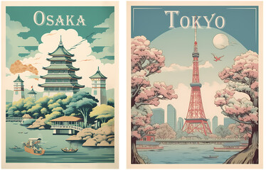 Fototapeta premium Travel Poster of Japan-Tokyo-Osaka. Generated AI