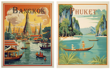 Travel Poster of Thailand-Bangkok-Phuket. Generated AI - obrazy, fototapety, plakaty