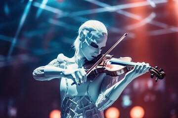 Fototapeta premium Illustration of robot cyborg playing violin on stage