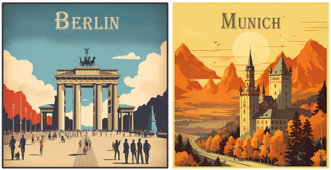 Naklejka premium Travel Poster of Germany-Berlin-Munich. Generated AI