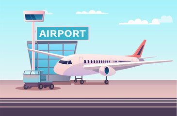 Airport terminal with aircraft flying plane taking off summer vacation concept horizontal