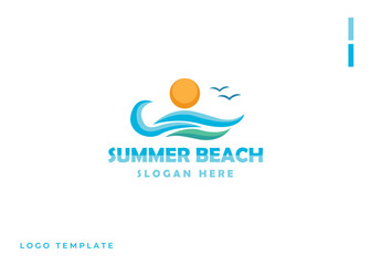 Summer vacation logo abstract sign in flat shape. Tropical vacation. Palm trees, ocean waves, beach, coast, hills, sun. Graphic design element.