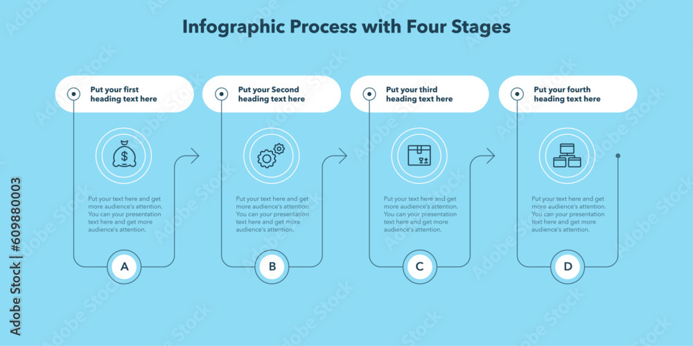 Leinwandbilder Horizontal process infographic template with four options - blue version. Flat presentation diagram with thin lines and minimalistic icons.