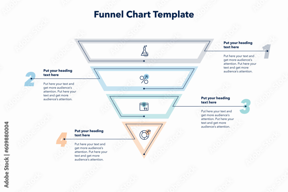 Poster funnel chart template with 4 colorful sections. creative diagram divided into four parts with minima