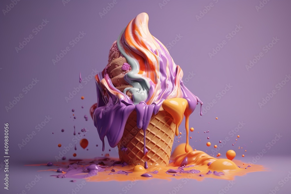 Poster a scoop of ice cream topped with a cone that is dripping with purple and orange liquid generative ai