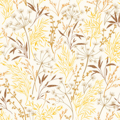Seamless pattern with meadow herbs . Golden autumn ornament. Vector botanical illustration. Background for wallpaper, fabrics, bed sheets. Art line style.