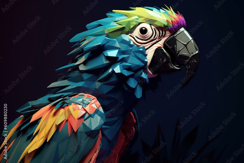 Poster a multicolored parrot on top of a dark backdrop generative ai