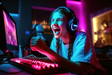 happy girl an esports gamer player behind the monitor is happy to win an cybersports game competition. Generative AI - obrazy, fototapety, plakaty