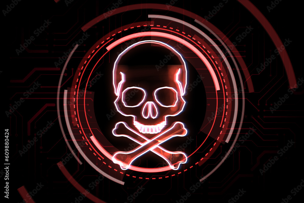 Poster Glowing red skull and bones digital illustration, dark screen texture background, hacking attack and piracy concept. 3D Rendering