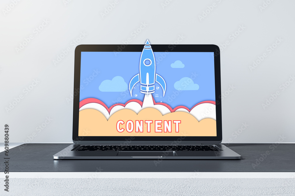 Poster Close up of laptop with spaceship cartoon and content concept at office workplace. Content marketing concepts for web banner and printed materials. 3D Rendering.