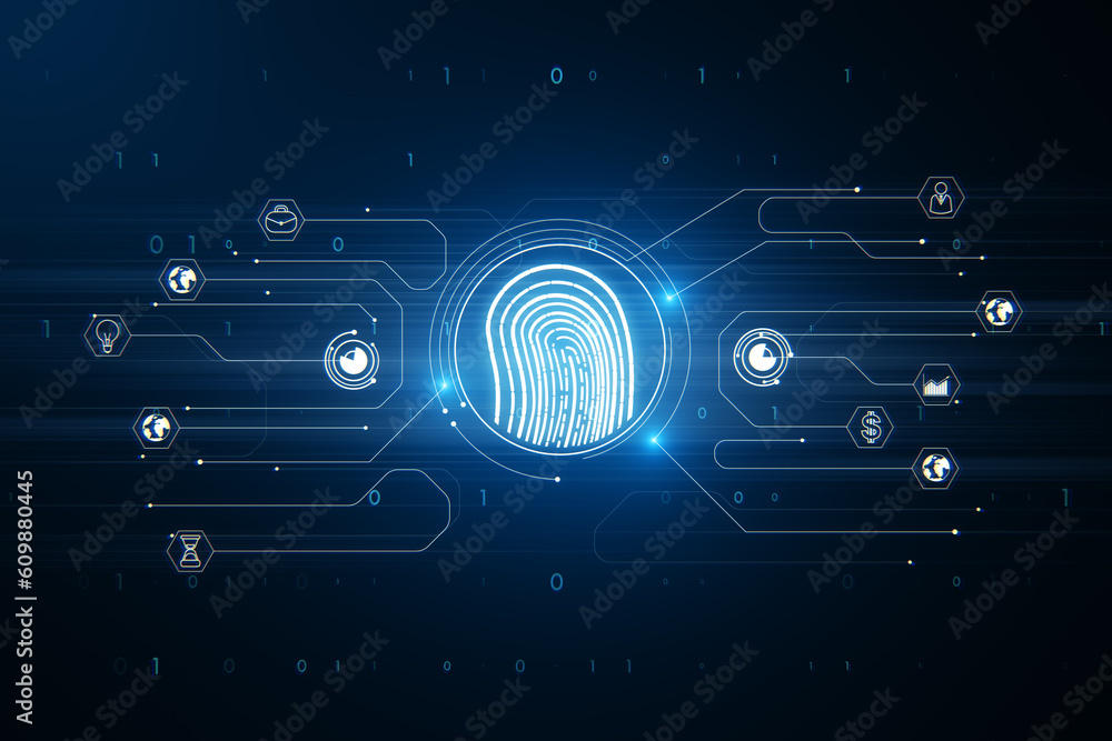 Poster fingerprint interface blue background. 3d rendering
