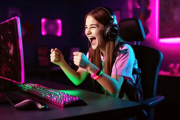 happy girl an esports player behind the monitor is happy to win an cybersports game competition. Generative AI