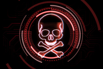 Glowing red skull and bones digital illustration, dark screen texture background, hacking attack and piracy concept. 3D Rendering