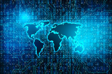 Global connection and technology concept with front view on digital glowing world map contour on blue illuminated background in form of microcircuit. 3D rendering