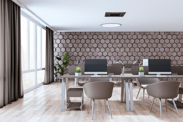 Modern designer office interior with decorative wall, window with city view and curtains, computer screen and other items. 3D Rendering.