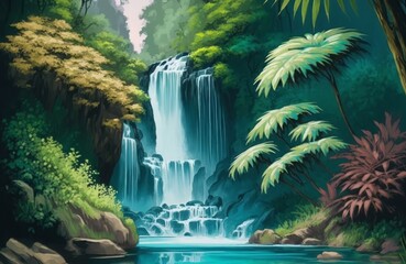 a landscape of a waterfall in the tropical forests with its trees, palms and plants, Generative ai