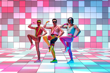 Serious, funny men in colorful sportswear training, having fun against multicolored mosaic studio...