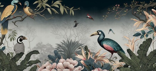 wallpaper jungle pattern and tropical forest banana palm and tropical birds peacock birds, Generative ai