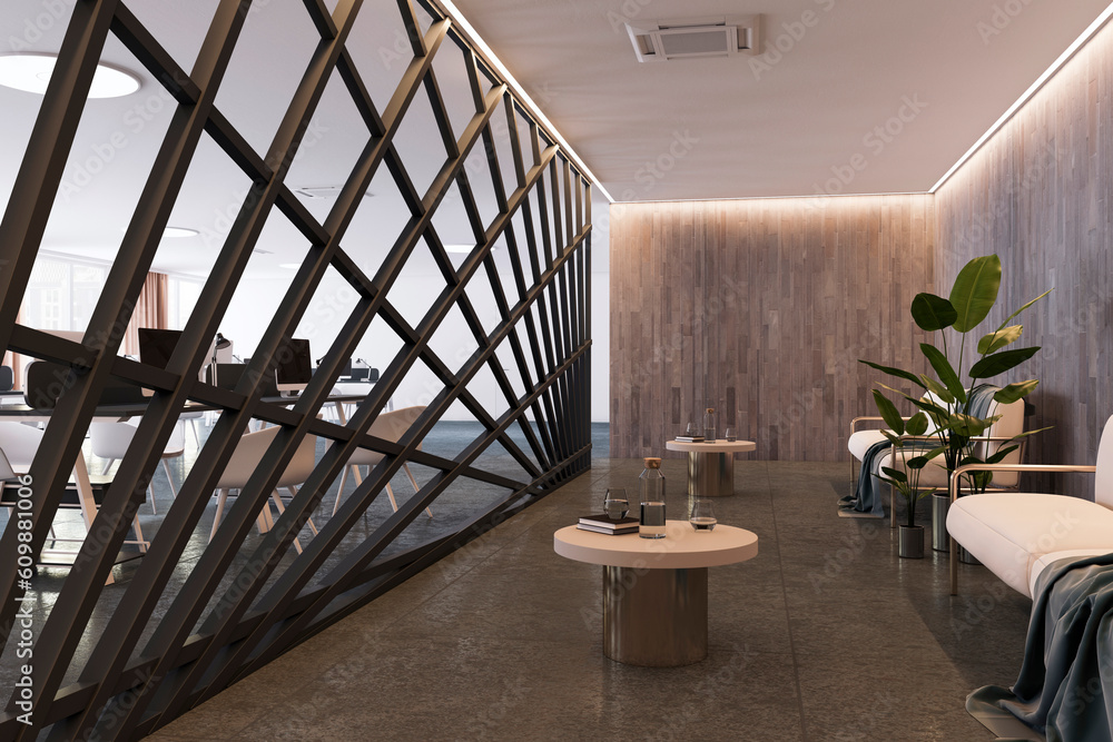 Poster front view of office coworking lounge interior with comfortable environment, sofa and journal table,