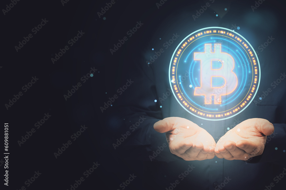 Poster close up of male hands holding glowing round bitcoin sign hologram on dark bokeh background with moc