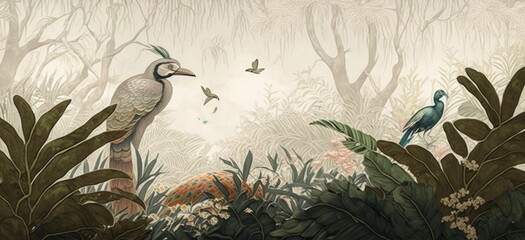 wallpaper jungle and leaves tropical forest peacock and forest birds, Generative ai