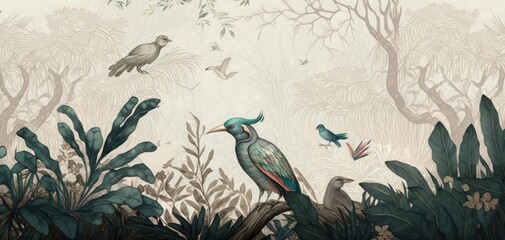 Fototapeta na wymiar wallpaper jungle and leaves tropical forest peacock and forest birds, Generative ai