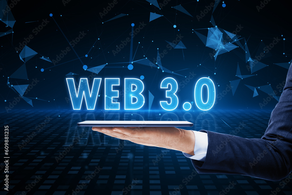 Poster new era internet, new digital ethics and content creation concept with glowing web 3.0 sign above bu