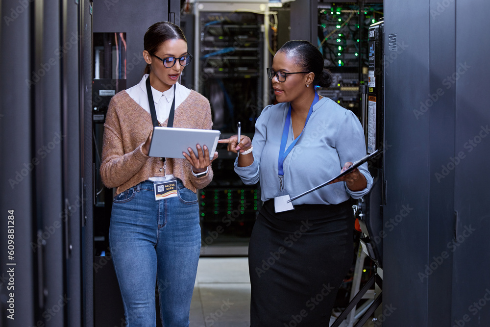 Poster Talking, server room and women with a tablet for cyber security, database planning and inspection. Teamwork, technician and female programmers speaking with technology for coding, hardware and system