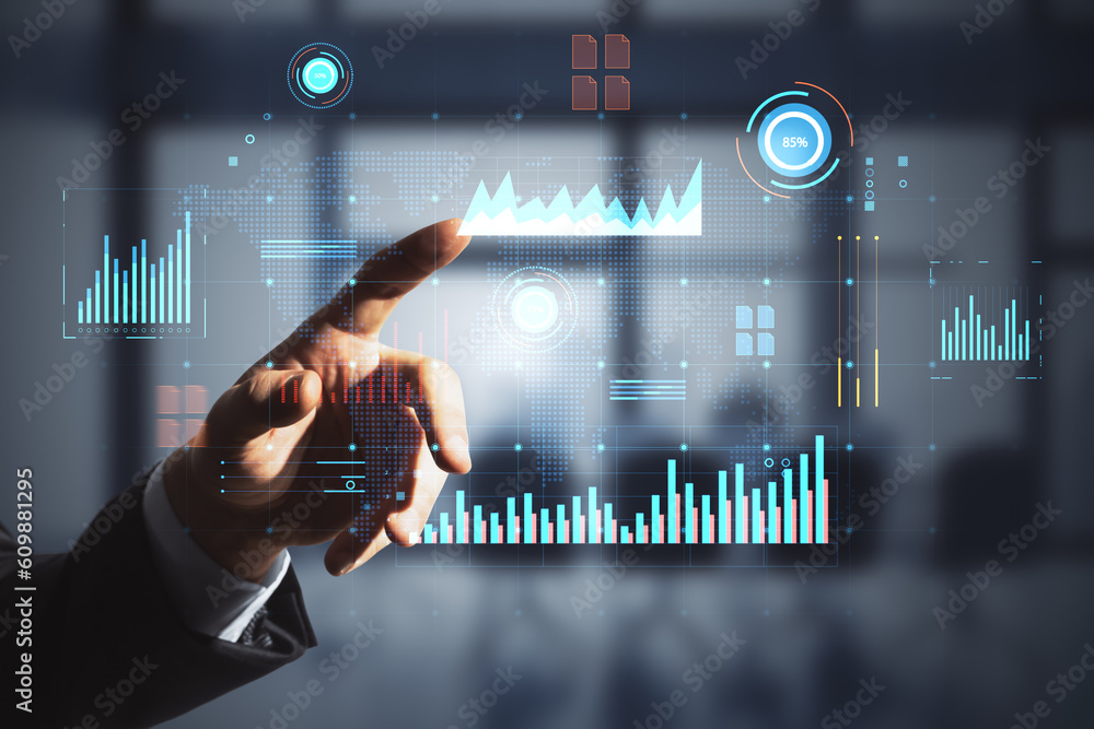Poster online trading and financial report concept with a businessman finger pressing a button on a virtual