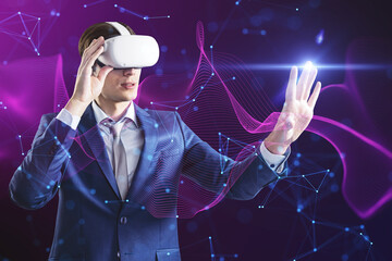 Attractive young male with VR glasses on creative glowing purple metaverse space background....