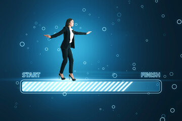 Business process, time management and deadline concept with woman trying to keep balance on loading bar with start and finish signs on abstract blue background with bubbles