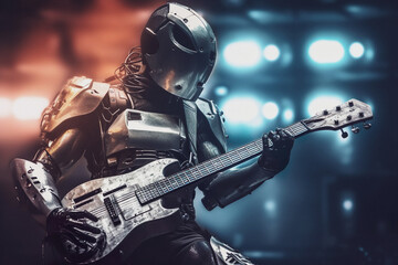 Fototapeta na wymiar Illustration of robot cyborg playing guitar on stage