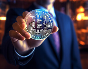 Closeup of a businessman holding Bitcoin hologram. Created with generative AI technology.