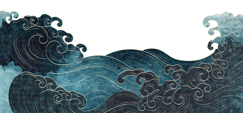 Blue texture with Japanese ocean wave pattern in vintage style. Abstract art landscape banner design with watercolor texture vector.